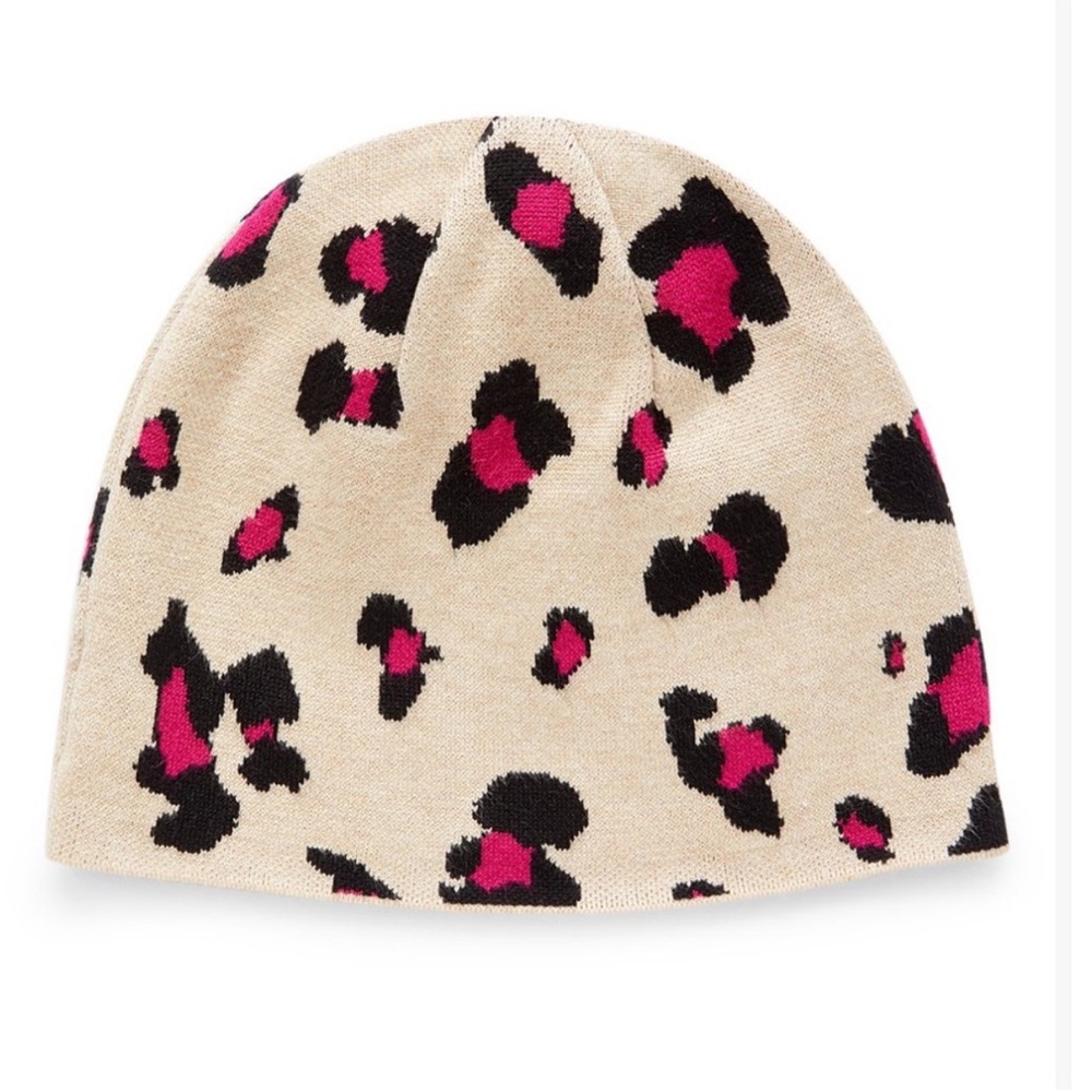 $49 Chico's Leopard Beanie Hat Ivory/Beige & Berry Pink Leopard Print